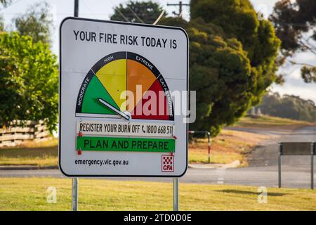 Moyston, Victoria - 12. Oktober 2023: Brandgefahr-Saison-Status und Buschbrand-Risiko-Schild an öffentlichen Straßenrändern angebracht, das am Tag mäßig hoch ist Stockfoto