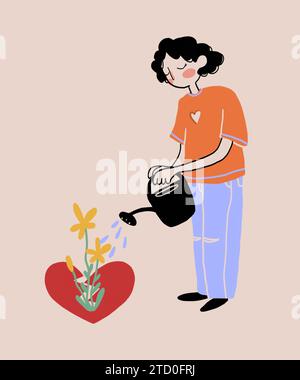 Illustration einer Frau in lässigem Outfit, die Wasser aus der Gießkanne auf gelbe Blüten gießt, die in gebrochenem Herzen wachsen Konzept der Heilung nach Trennung Stockfoto