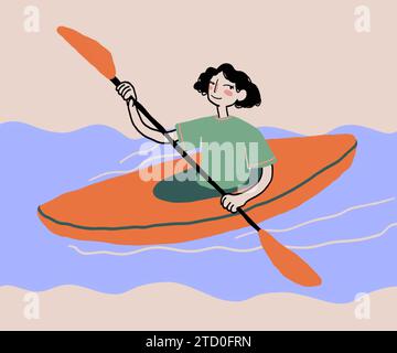 Illustration einer lockigen weiblichen Frau, die in der Freizeit im Kanu sitzt und auf dem Fluss paddelt, vor beigem Hintergrund Aktivität und Wassersport Conce Stockfoto