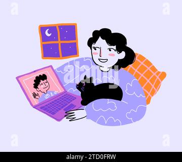 Illustration einer lächelnden Frau im Pyjama, die im Bett neben dem Fenster liegt, mit Halbmond und Sternen, während sie mit dem Freund auf dem Laptop plaudert Stockfoto