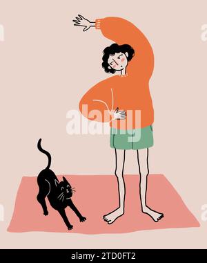 Illustration einer Frau mit Pullover und Shorts, die mit Hand auf der Taille steht und seitlich beugt, während sie sich mit schwarzer Katze auf der Matte aufwärmt Stockfoto