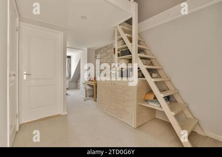 Holzleiter über dem Aufbewahrungsschrank im Flur mit geschlossener weißer Tür in einem modernen Apartment Stockfoto