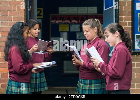 Eine Gruppe Mädchen steht vor einem Klassenzimmer und liest und probt ein Schulstück für den Theaterunterricht Stockfoto
