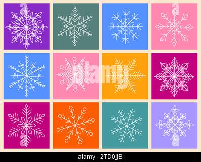 Set aus verschiedenen Schneeflocken auf farbenfrohen Hintergründen. Stock Vektor
