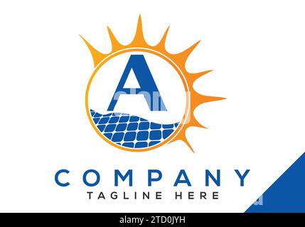 Buchstabe A mit Sonnenkollektor und Sonnenzeichen Logo Design Vector Template. Stock Vektor