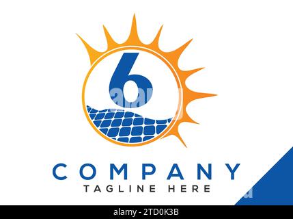 Brief 6 mit Solarpanel und Sonnenzeichen Logo Design Vector Template. Stock Vektor