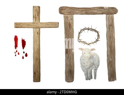 Aquarell Holzkreuz, Lamm, Dornenkrone, Türsteher, Blut religiöse Illustration isoliert auf weiß Stockfoto