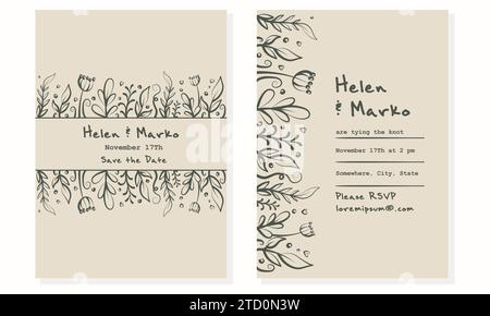 Elegante Hochzeitseinladung mit minimalistischem Blumendesign Stock Vektor