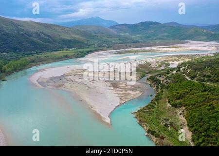 Vjosa, Fluß, Fluss, Wildfluß, Wildfluss Vjosa, Vjosë, Aoos, Nationalpark Wildfluss Vjosa, Nationalpark Vjosa, Mittellauf, Sandbänke, Sandbank, Kiesbä Stockfoto