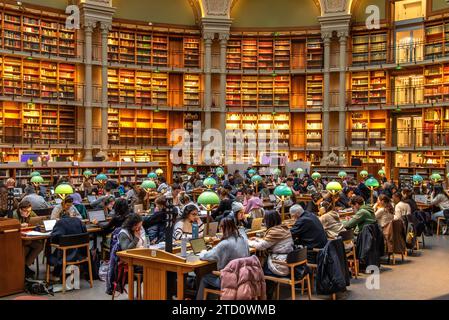 Die Leute lesen und studieren die Bücher im prächtigen ovalen Lesesaal in der Bibliothèque nationale de France (BNF), Richelieu Site, Paris, Frankreich Stockfoto