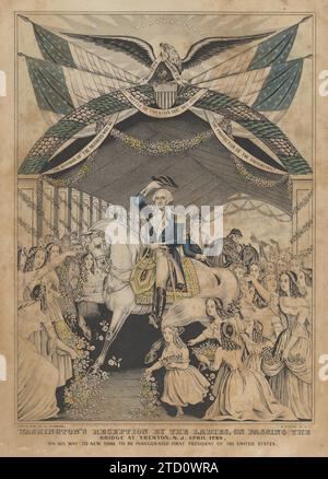 Washingtons Empfang durch die Damen bei der Passierung der Brücke in Trenton, N.J., April 1789, auf seinem Weg zur Amtseinführung des Ersten Präsidenten der Vereinigten Staaten 1942 durch Nathaniel Currier Stockfoto