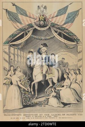 Washingtons Empfang durch die Damen bei der Passierung der Brücke in Trenton, N.J., April 1789, auf seinem Weg zur Amtseinführung des Ersten Präsidenten der Vereinigten Staaten 1952 durch Nathaniel Currier Stockfoto