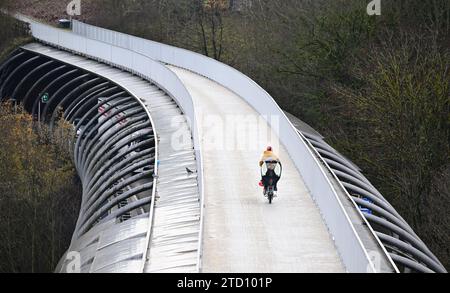 15. Dezember 2023, Baden-Württemberg, Stuttgart: Ein Radfahrer überquert eine Brücke für Radfahrer und Fußgänger in Stuttgart-Vaihingen. Foto: Bernd Weißbrod/dpa Credit: dpa Picture Alliance/Alamy Live News Stockfoto