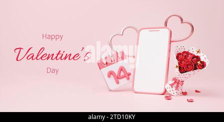3D-Rendering Mobiltelefon Mockup mit Herzen für Valentinstag Hintergrund Design. Leere Vorlage für generisches Smartphone mit leerem Bildschirm. 3D-Rendering Stockfoto