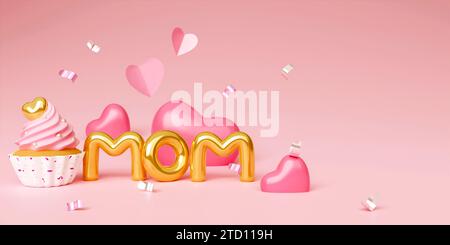 3D minimaler rosa Banner Hintergrund, passend für Muttertag. Mama Ballon Wörter mit Tasse Kuchen und Herz Ballon Form. 3D-Rendering-Illustration Stockfoto
