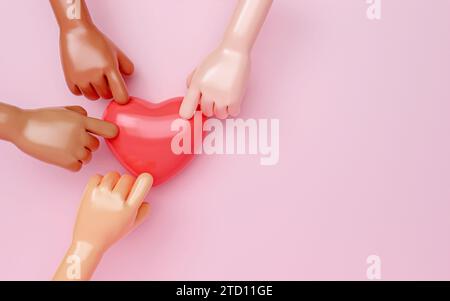 3D Diversity Handfinger drückt auf rotes Herz. Realistische Illustration von Spendenliebe oder Wohltätigkeitsorganisation für Wertschätzung in sozialen Medien auf rosa Hintergrund. 3D Stockfoto