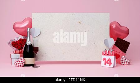 Happy Valentinstag Hintergrund mit Kalenderdatum 14, Geschenkbox, Herzform Ballon, Kopierraum Textpapier, 3D-Rendering Illustration Stockfoto
