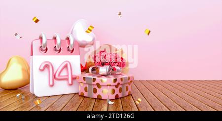 Happy Valentinstag Hintergrund mit Kalenderdatum 14, Geschenkbox, Herzform Ballon, Text im Kopierraum, 3D-Rendering-Illustration Stockfoto