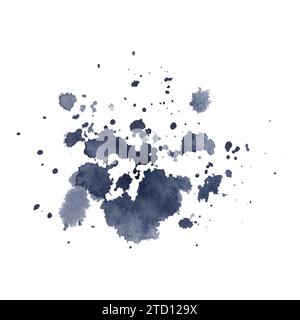 Flecken und Spritzer dunkelblauer Farbe und Tinte. Handgezeichnete Aquarellillustration. Isoliertes Objekt auf weißem Hintergrund. Stockfoto