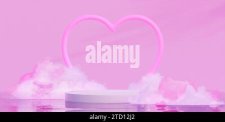 Podium-Dekoration für den Happy Valentines Day mit rosa Neonlicht in Herzform. 3D-Rendering-Illustration Stockfoto