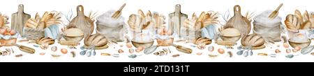 Zubereitung von Backwaren nahtlose Grenze. Aquarellutensilien und Werkzeuge für die Herstellung von hausgemachten Backwaren. Kochen von Desserts und von Hand gezogenes Brot. Stockfoto