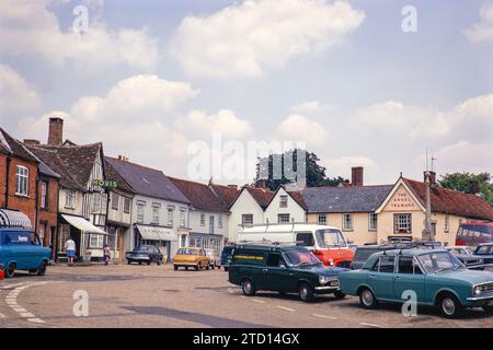 Historische mittelalterliche Gebäude, Marktplatz, Lavenham, Suffolk, England, UK, Juli 1972 Stockfoto