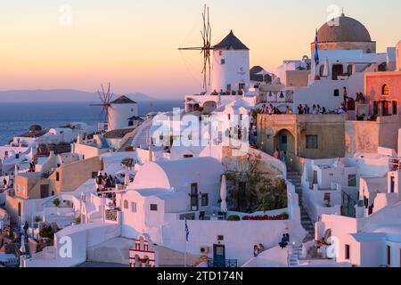 Windmühlen über dem Mittelmeer, Oia, Santorin, Griechenland Stockfoto