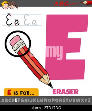 Pädagogische Zeichentrickillustration des Buchstaben E aus Alphabet mit Radiergummi Stock Vektor