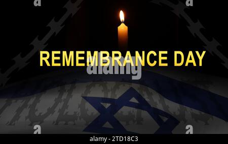 Gedenktag, Bannerdesign. Brennende Kerze, Flagge Israels und Stacheldraht Stockfoto