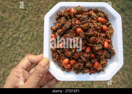 Frau mit Kurkuri Bhindi leckeres Bhindi Erdnussbraten Curry. Lady Finger Sabji Masala knusprig Stockfoto