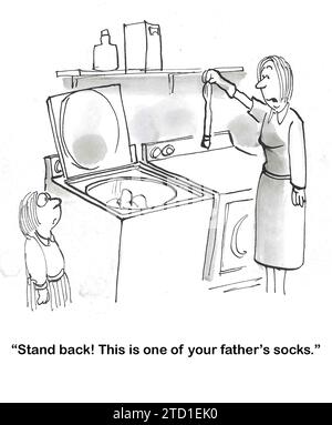 BW-Cartoon einer Mutter und Tochter in ihrem Waschraum. Mom sagt dem kleinen Mädchen: "Stehen Sie zurück!" Sie will die Socken des Vaters in die Wäsche stecken Stockfoto