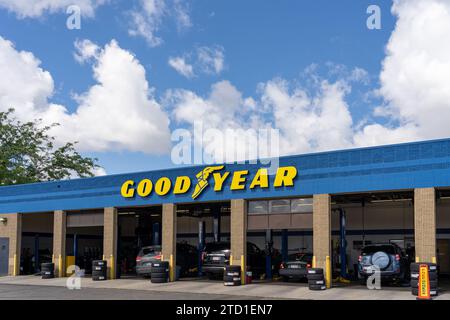 Nahaufnahme des Goodyear-Logoschildes auf dem Gebäude. Idaho, USA Stockfoto