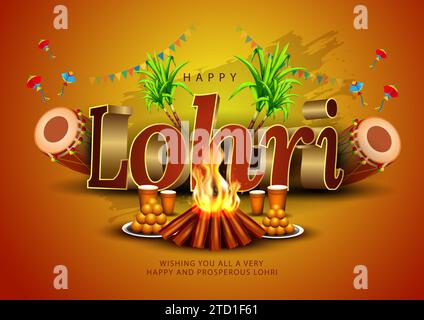 Indisches Festival Happy lohri mit Lohri Requisiten, Feiertagshintergrund, Punjabi-Grußkarte, Vektordesign. Stock Vektor