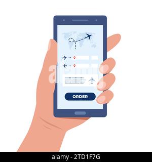 Handheld-Telefon mit Flugtickets Online-Buchungskonzept. Ticketkauf mit Smartphone. Flugbuchung Reise. Ticket online kaufen. Online-Registrierung Stock Vektor