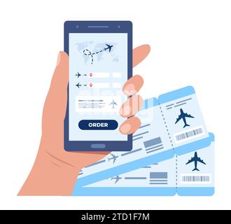 Handheld-Telefon mit Flugtickets Online-Buchungskonzept. Ticketkauf mit Smartphone. Flugbuchung Reise. Ticket online kaufen. Online-Registrierung Stock Vektor