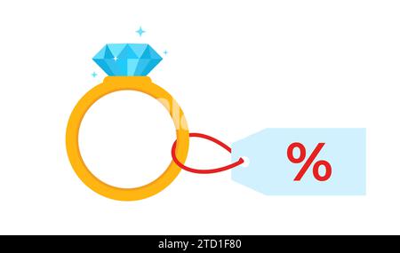 Goldener Ring mit blauem Edelstein und Pappe Preisschild. Rabatt. Vektorabbildung Stock Vektor