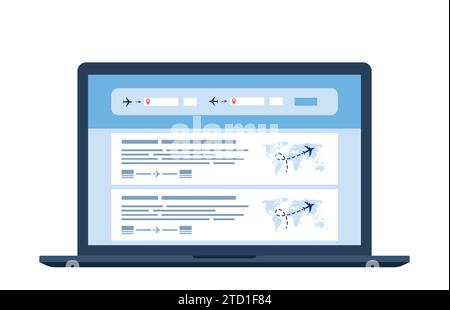 Website für die Flugsuche auf einem Laptop-Bildschirm. Avia Sale Website Aggregator für Online-Tickets. Suchleiste und Ergebnisse, Flugoptionen. Reisen, Ju Stock Vektor