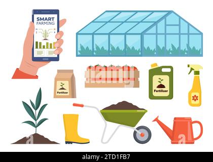 Verschiedene Betriebselemente. Gewächshaus, Düngemittel, Traktor, Wagen. Intelligente Landwirtschaft. Smartphone mit App für Kontrollpflanzen, die wachsen. Vektorabbildung Stock Vektor