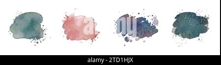 Abstrakter farbenfroher Aquarellhintergrund mit Spritzern. Blaue, türkisfarbene, rosa, violette Rahmenschablone für Design-Poster, Hochzeitseinladungen, Postkarte Stockfoto