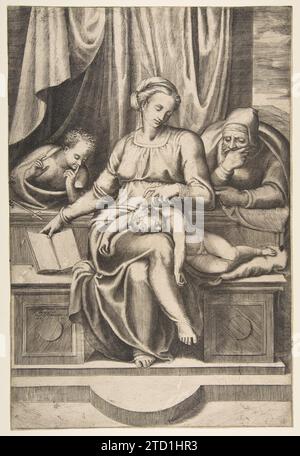 Jungfrau und Kind mit den Heiligen Joseph und Johannes dem Täufer (nach Michelangelos Madonna del Silenzio) 1959 von Giulio Bonasone Stockfoto