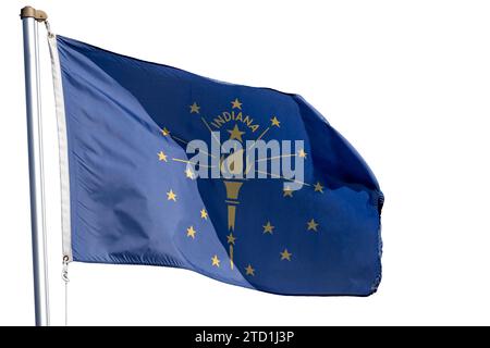 Indiana Staatsflagge auf Fahnenmast, Nahaufnahme, isolierter weißer Hintergrund Stockfoto
