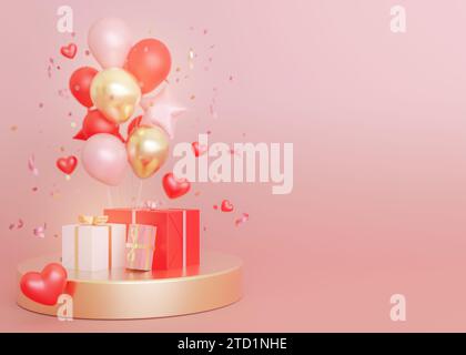 Rote, rosa und goldene Ballons, Herzen, Konfetti und Geschenkboxen auf rundem Sockel vor rosa Hintergrund. Kopierbereich für Text. Valentinstag, Frau Stockfoto