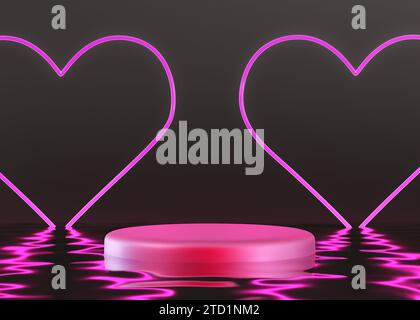 Auffällige Szene mit neonfarbenen Herzkonturen und leuchtendem rosafarbenem zylindrischem Podium vor dunklem Hintergrund mit reflektierenden Wellen. Valentinstag Stockfoto