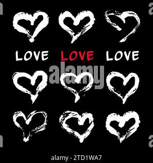Tintenherzen-Karte. Set mit 9 handbemalten Tintenherzen. Grafikdesign-Element für Websites, Schreibwaren, Textilien, Sammelalben usw. Stock Vektor
