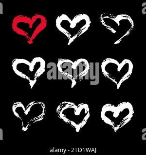 Tintenherzen-Karte. Set mit 9 handbemalten Tintenherzen. Grafikdesign-Element für Websites, Schreibwaren, Textilien, Sammelalben usw. Stock Vektor
