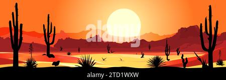 Sonnenuntergang in der mexikanischen Wüste. Silhouetten von Steinen, Kakteen und Pflanzen. Wüstenlandschaft mit Kakteen. Die steinige Wüste. Stock Vektor