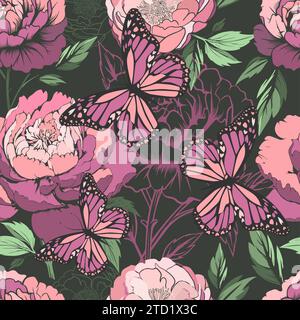 Blumenmuster. Pfingstrosen nahtloses Muster mit Schmetterlingen. Dunkler Hintergrund. 90er-Jahre-STYLE. Handzeichnung. Nicht AI, Vektorillustration Stock Vektor