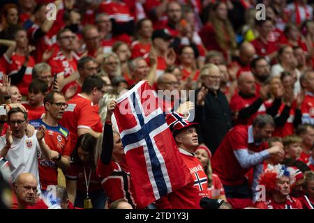 Herning, Dänemark, 15. Dezember 2023: Anhänger Norwegens sind beim Halbfinalspiel der IHF Frauen-Weltmeisterschaft 2023 zwischen Dänemark und Norwegen in der Jyske Bank Boxen in Herning, Dänemark (Ane Frosaker / SPP) zu sehen Stockfoto