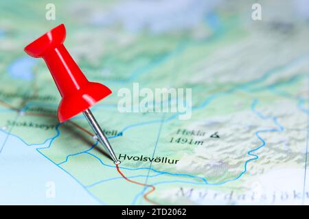 Hvolsvollur, Island Pin auf der Karte Stockfoto