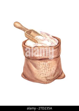 Sackleinen-Beutel mit Mehl und Holzlöffel. Sack mit Weizenmehl. Handgezeichnete Aquarellillustration, isoliert auf weißem Hintergrund. Für Bäckerei, Café Stockfoto